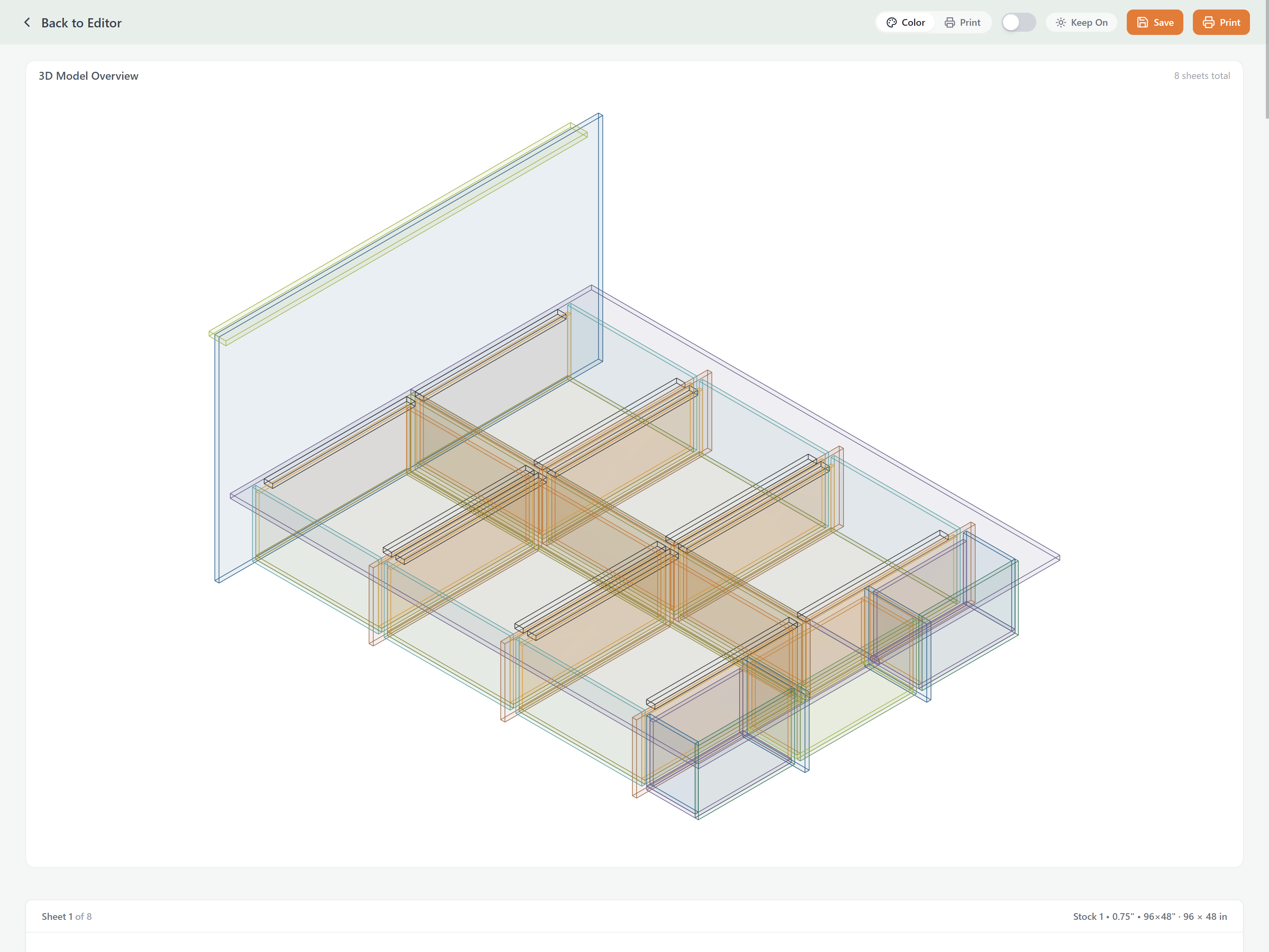 CutCalc 3D model import showing automatic part extraction