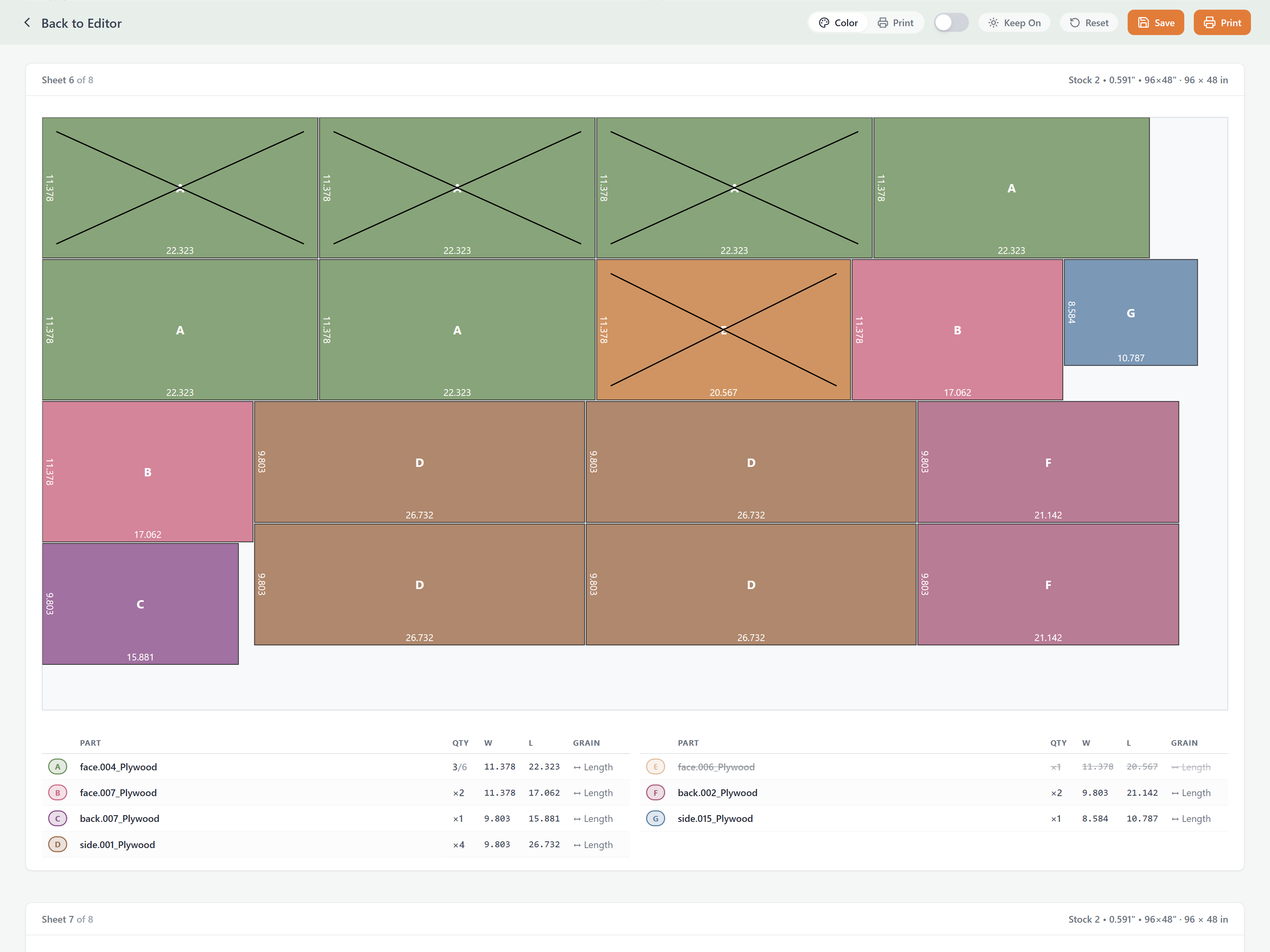 CutCalc showing material usage and waste percentage