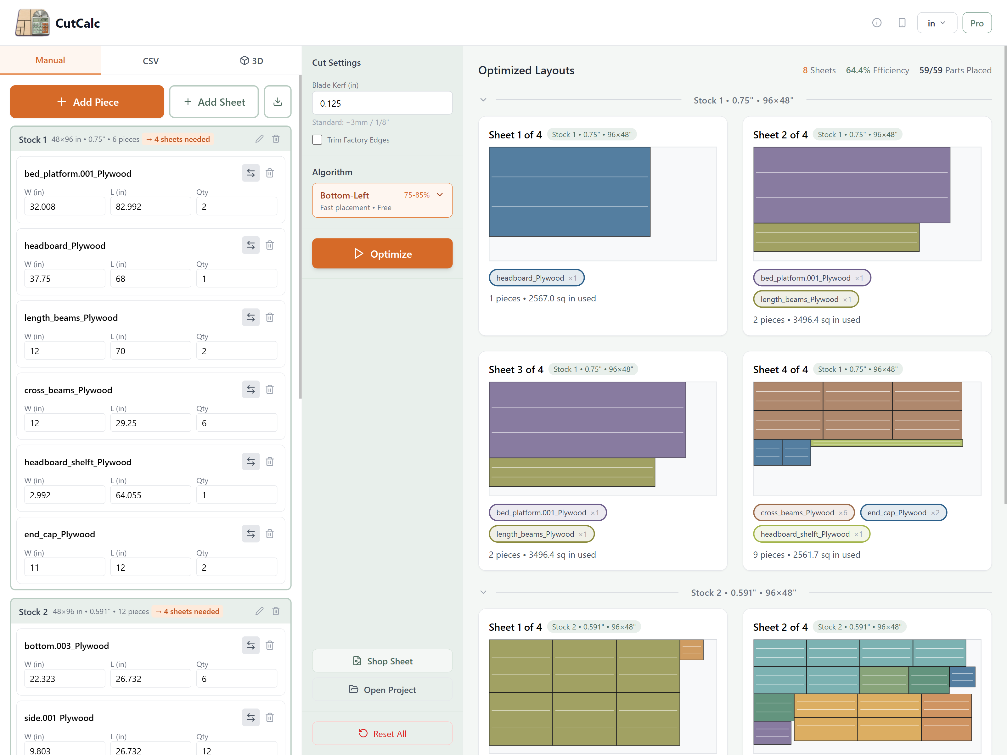 CutCalc parts list for cabinet project