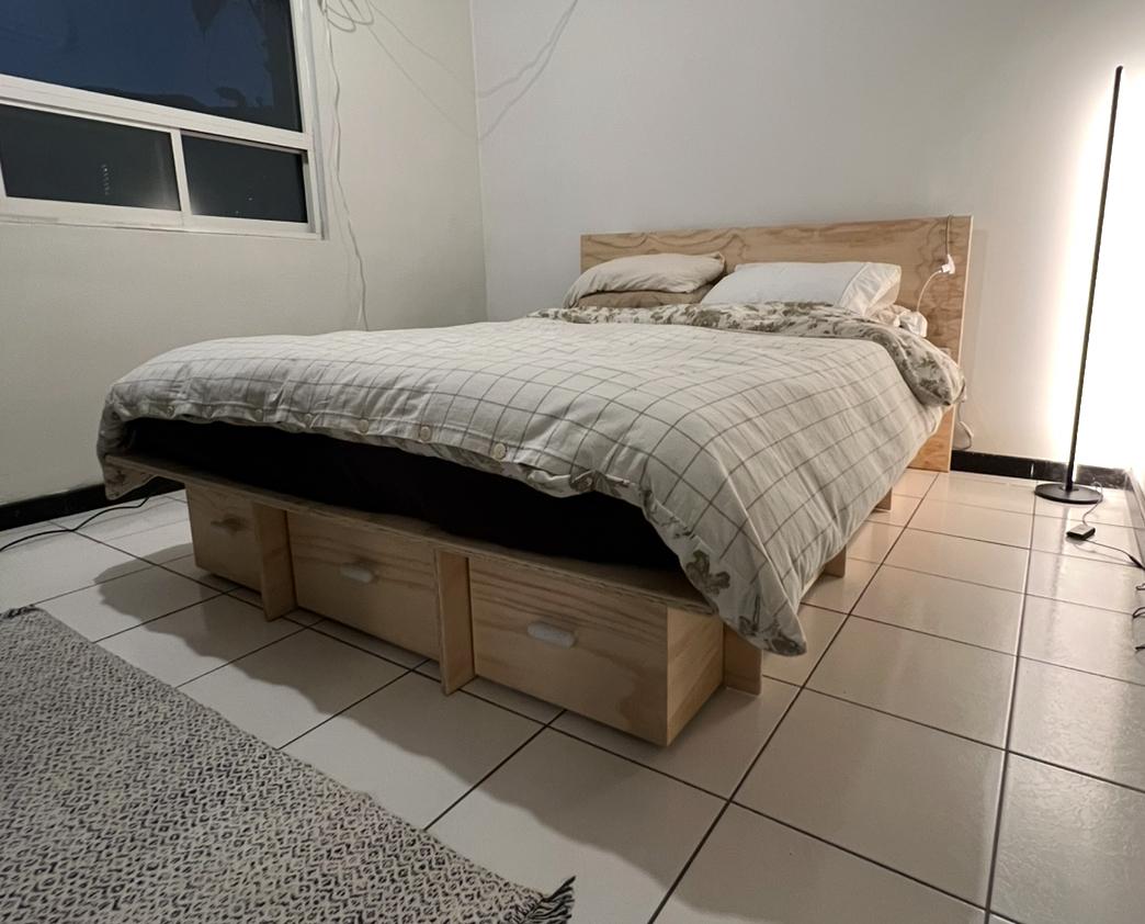 Storage bed frame built using CutCalc cut list from 3D model